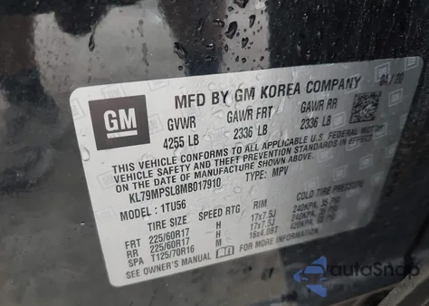 2021 Chevrolet Trailblazer Lt из США, поврежденный, VIN KL79MPSL8MB017910